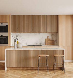 White kitchen interior with bar stool and countertop on hardwood floor. Kitchenware and decoration, cooking area with panoramic window on tropics. 3D rendering